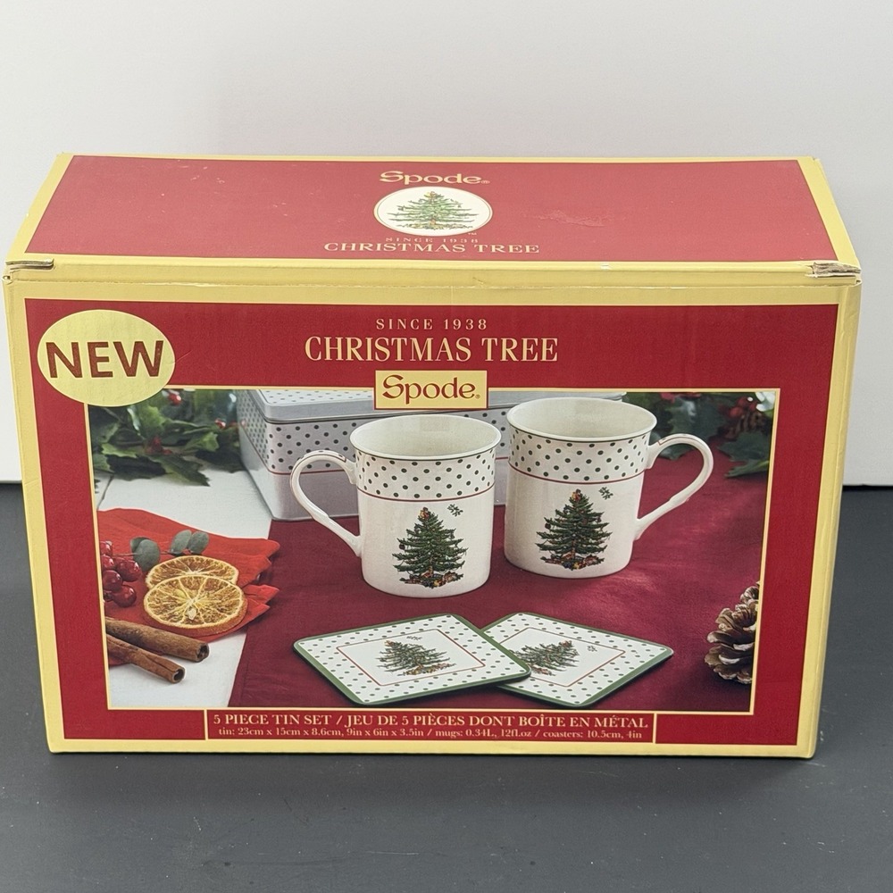 Spode Christmas Tree 5-Piece Mug & Tin Gift Set-Fine China Mugs & Cork Coasters